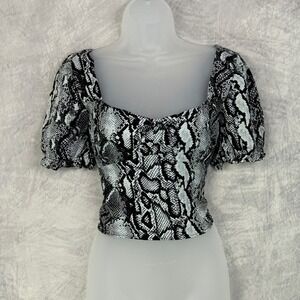 Snakeskin Puff Sleeve babydoll sweethear Crop Top Womens sz L indie goingout